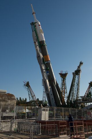 Soyuz Rocket Erected into Position at Launch Pad
