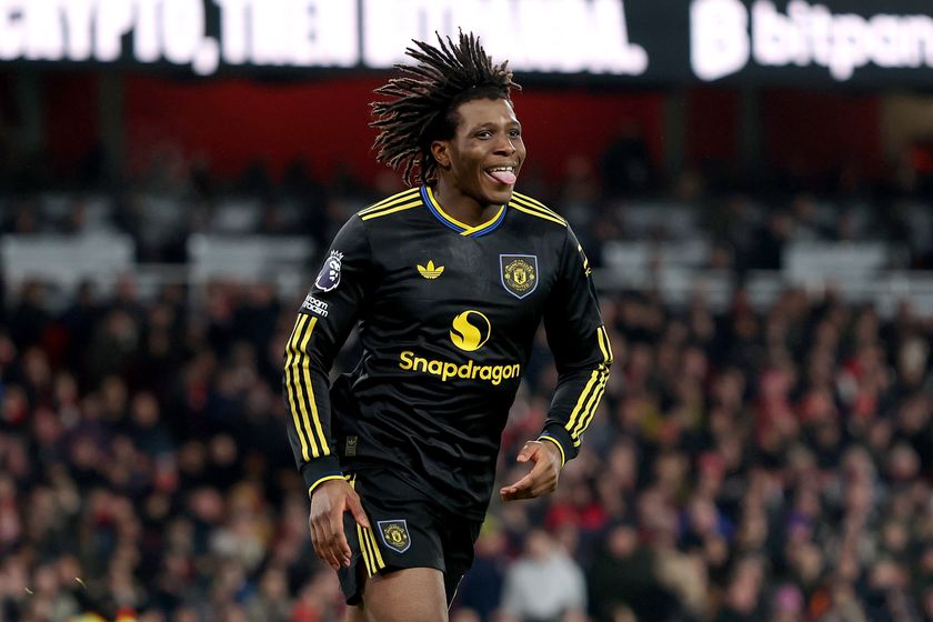 Manchester United's Patrick Dorgu celebrates his goal against Arsenal in the 3-2 Premier League win on January 25, 2026