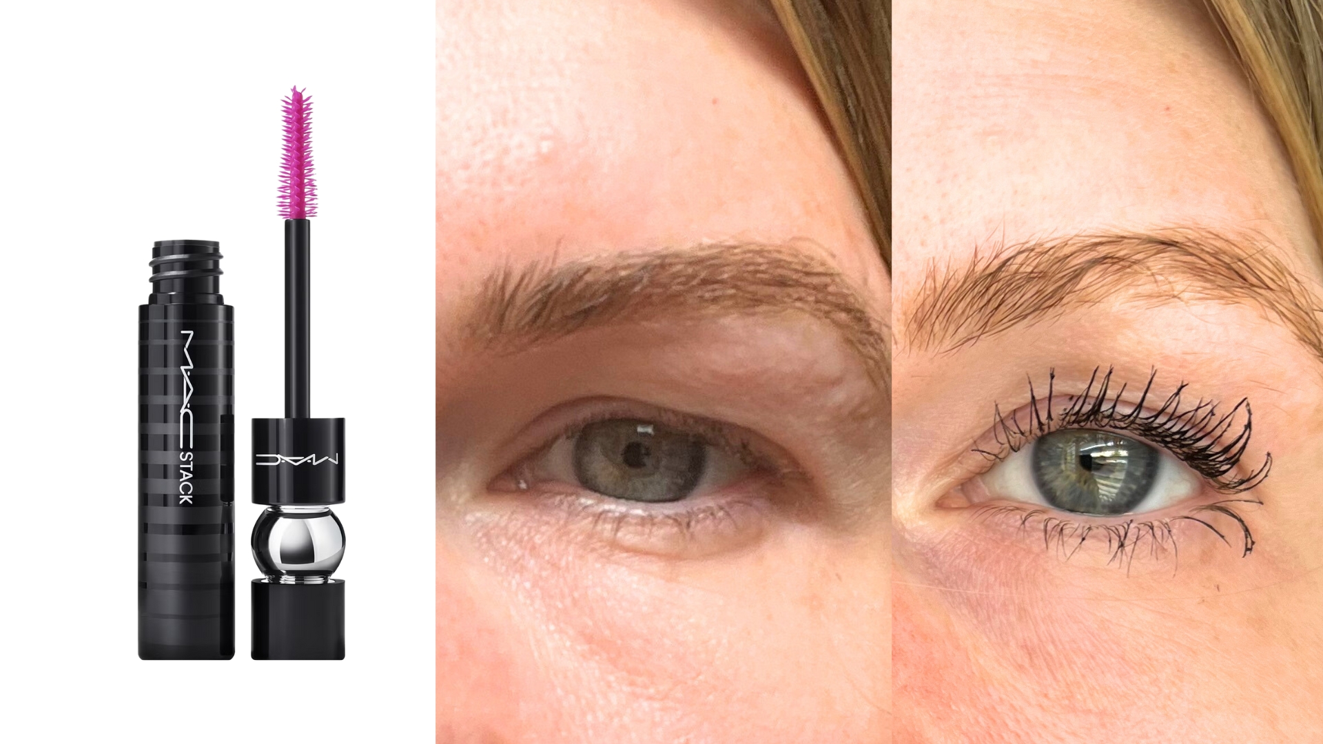 An image of the MAC MACStack Mascara on the left, next to a before and after comparison of Fiona McKim's lashes wearing the MAC MACStack Mascara