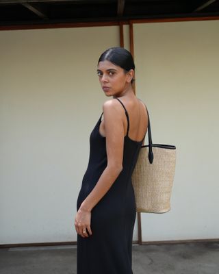 woman in black madewell dress