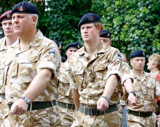 Prince Harry, Lieutenant Wales, takes part in a parade to Holy Trinity Church (the Household Cavalry Garrison Church) from Combermere Barracks to attend a service of thanksgiving following a medal presentation ceremony where he was awarded his Operational Service Medal for Afghanistan (Campaign Medal) on May 5, 2008 in Windsor, England
