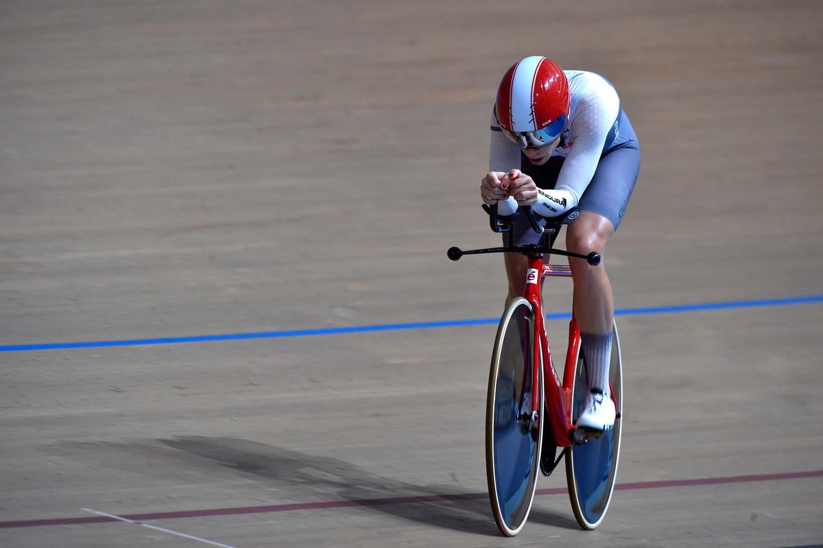 Bridie O'Donnell in full flight on the velodrome in Adelaide.