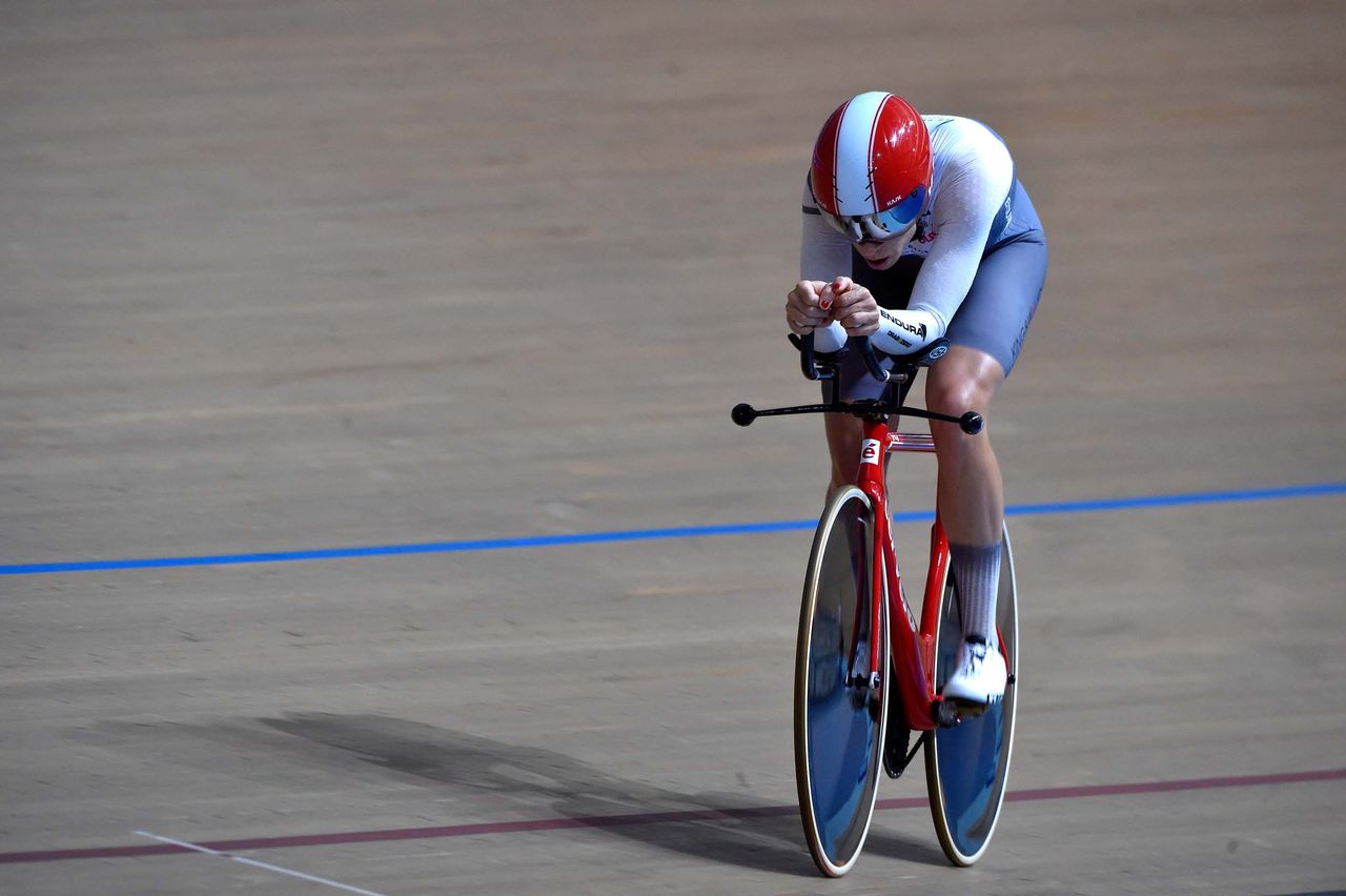 Bridie O'Donnell in full flight on the velodrome in Adelaide.