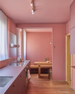 pink kitchen with pink on the ceiling and walls