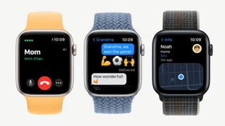 Tre stycken Apple Watch-modeller i olika färger och armband visas upp mot en vit bakgrund.
