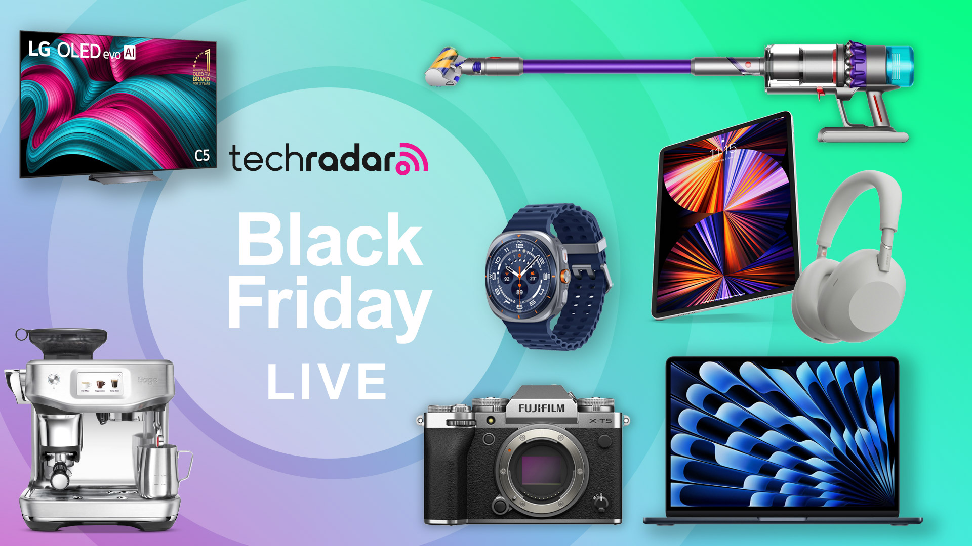 Assortment of tech and appliances on a coloured background with &quot;Black Friday&quot; text.