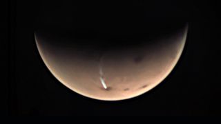 A Mars Express image of Arsia Mons on Mars and its strange long cloud, taken on July 19, 2020.