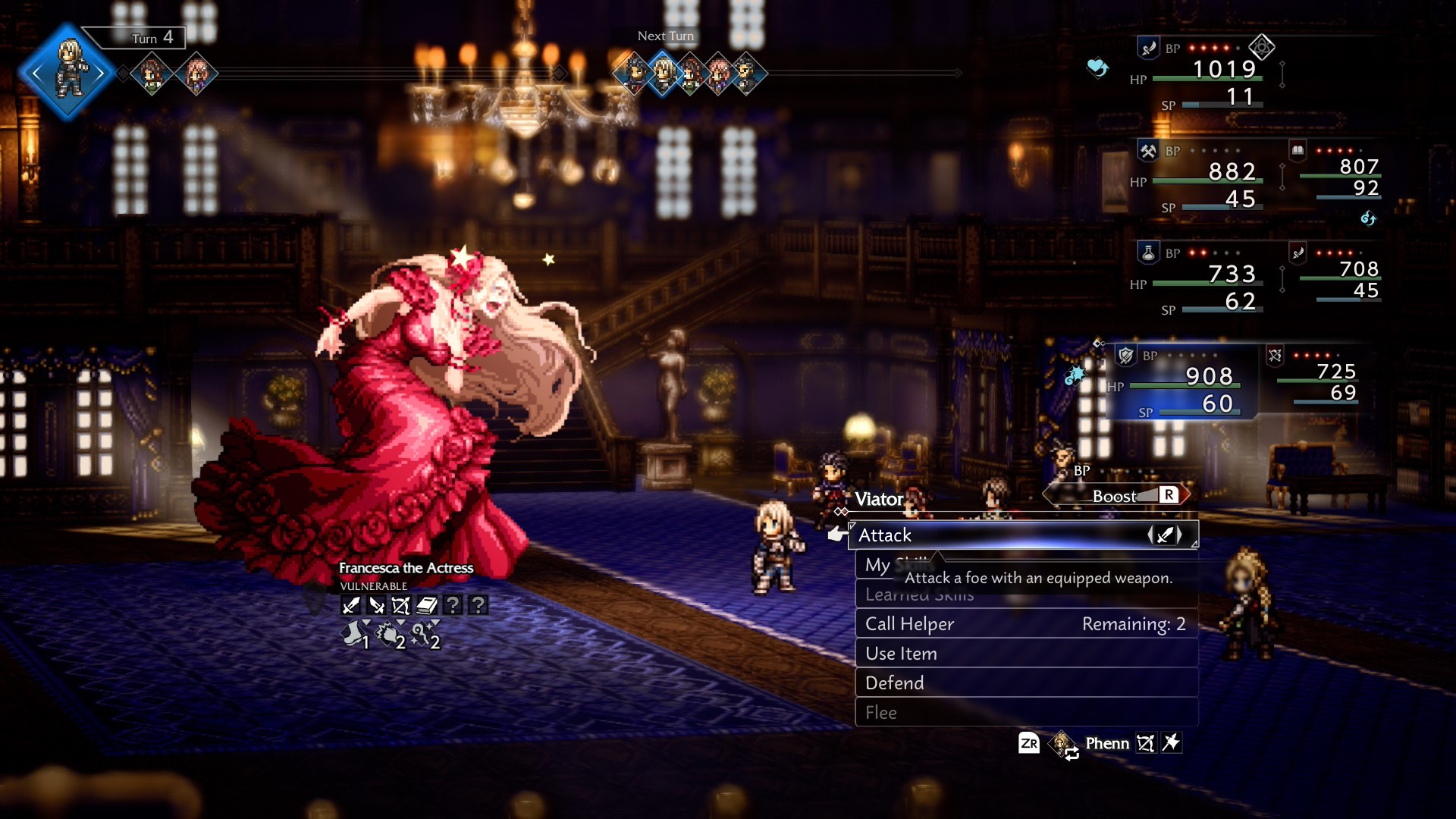 The party fight Francesca the Actress in Octopath Traveler 0, who appears as a massive woman in a red dress while the party remains abstracted, small pixel art, in a theater