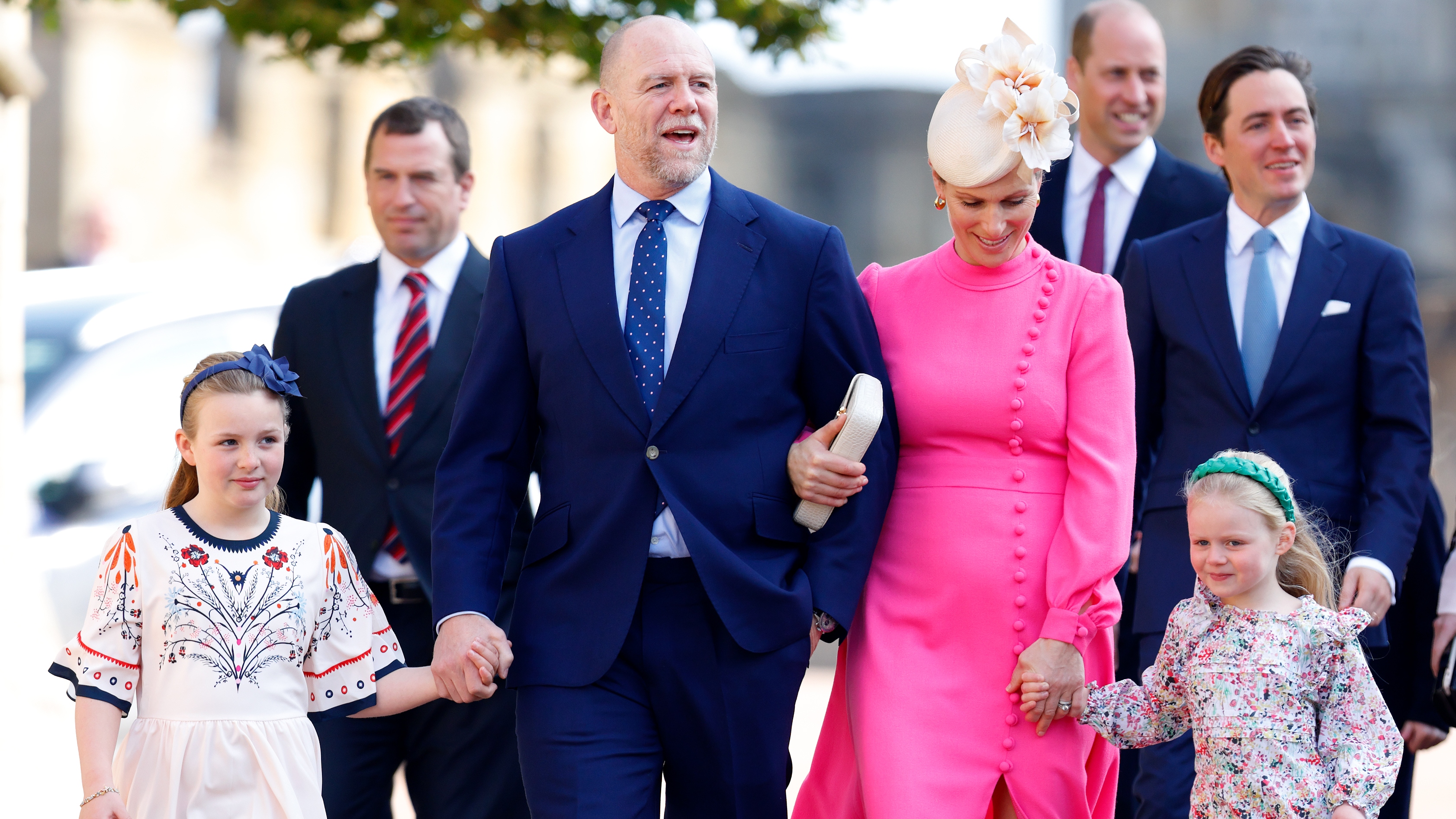 Mia Tindall, Mike Tindall, Zara Tindall and Lena Tindall attend the traditional Easter Sunday Mattins Service at St George's Chapel, Windsor Castle on April 9, 2023