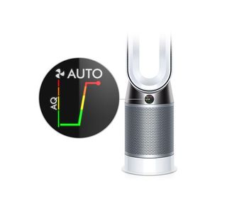 Dyson Pure Hot + Cool with it's heating button zoomed in on next to it