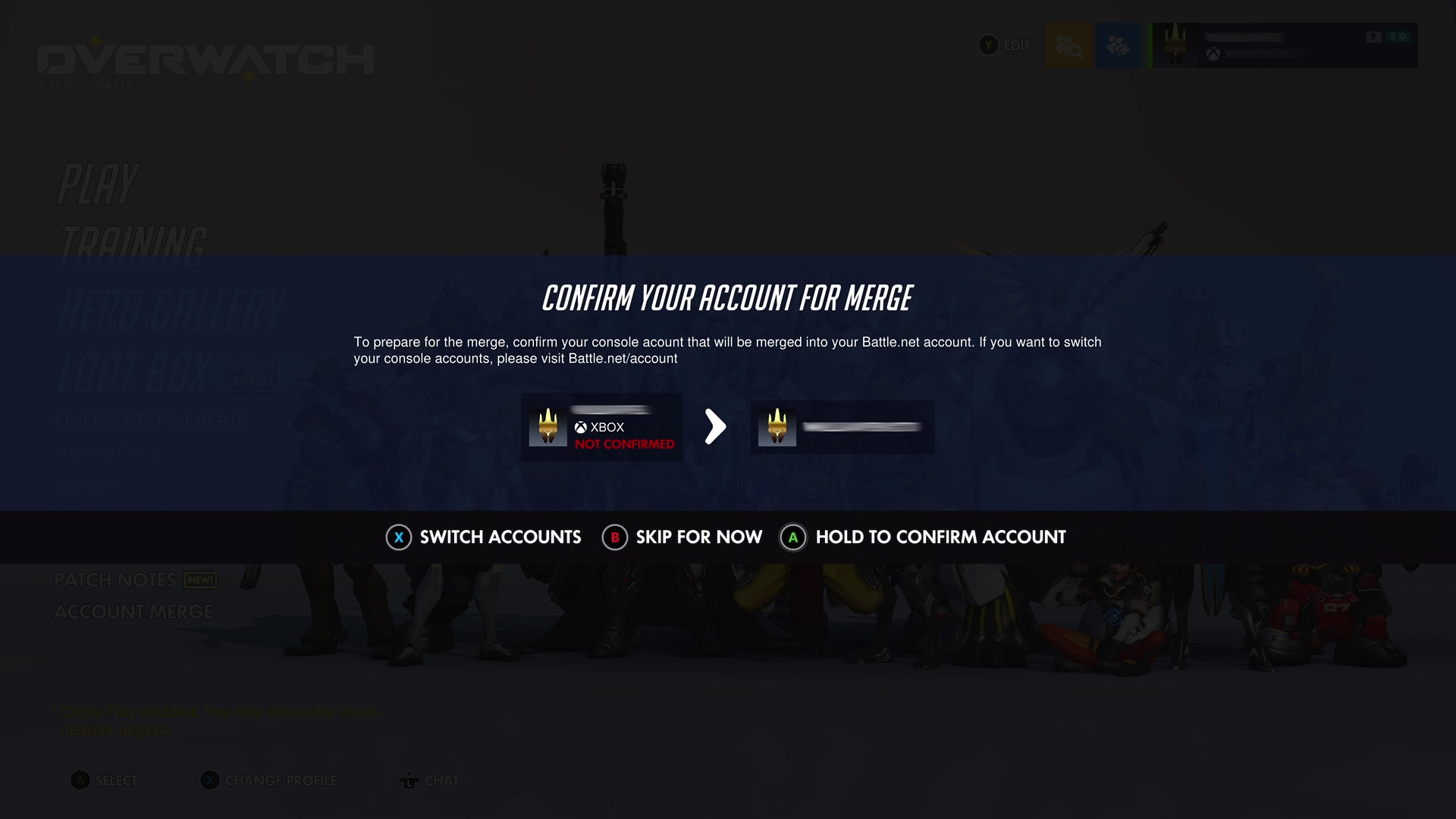 Overwatch 2 cross-progress account confirmation message in-game