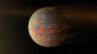 An illustration of a lava planet, its brown and blue surface streaked by glowing hot orange spews of lava.