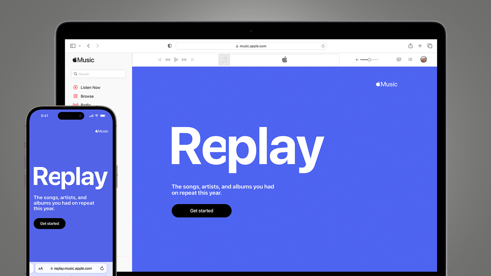 A phone and laptop showing the Apple Music Replay feature