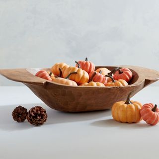 Handcrafted Faux Mini Pumpkins in a wooden bowl