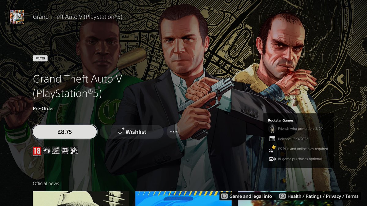Screengrab of the Grand Theft Auto 5 store page on the PS5