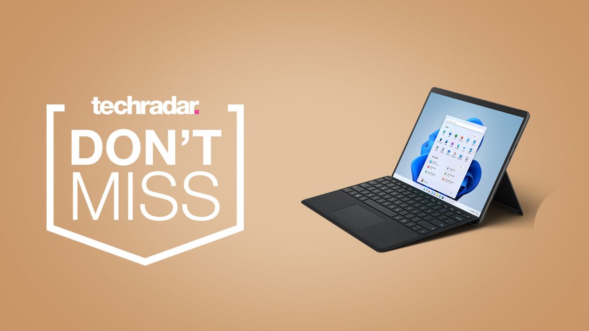 Surface Pro 8 with Keyboard on beige background next to Techradar don&#039;t miss badge