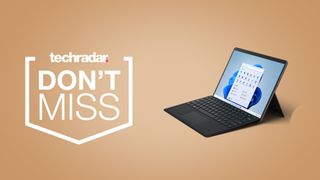 Surface Pro 8 with Keyboard on beige background next to Techradar don't miss badge