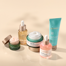 A variety of Biossance skincare products including creams, serums, and cleansers.