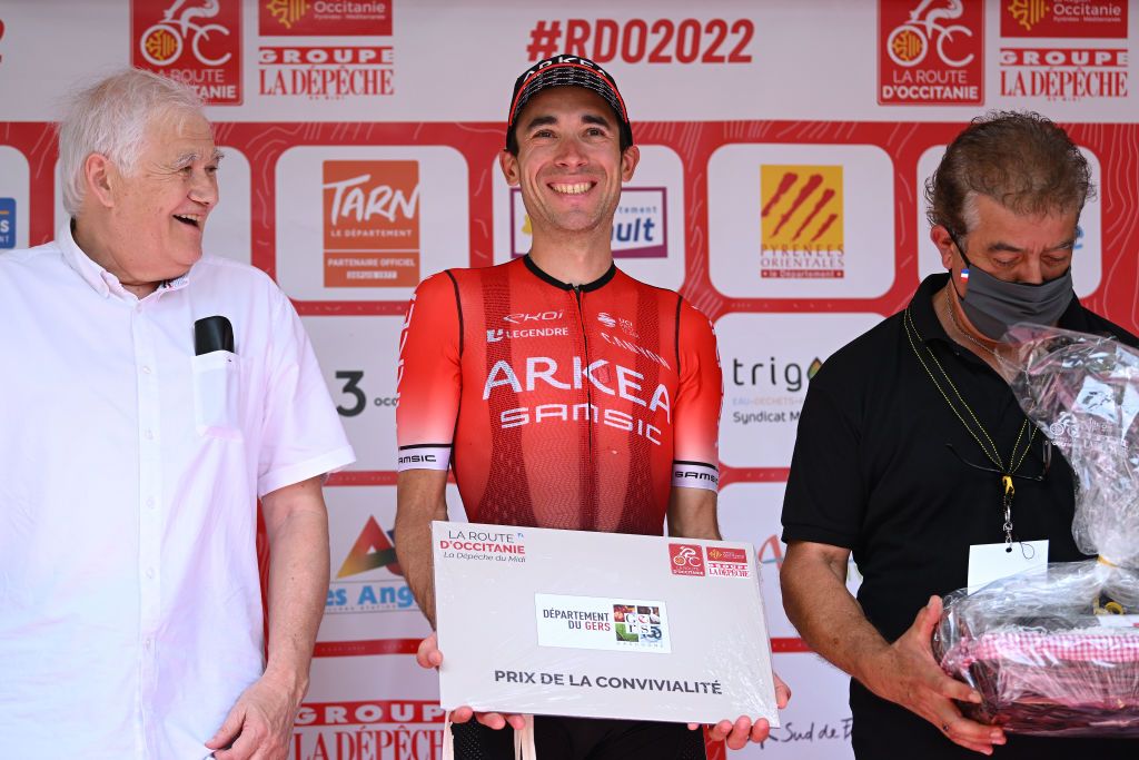 AUTERIVE FRANCE JUNE 19 Nicolas Edet of France and Team Team Arka Samsic celebrates at podium as fair play prize winner during the 46th La Route dOccitanie La Depeche du Midi 2022 Stage 4 a 1883km stage from Les Angles to Auterive RDO2022 on June 19 2022 in Auterive France Photo by Dario BelingheriGetty Images