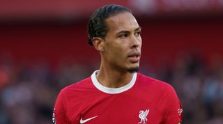 LIVERPOOL, ENGLAND - OCTOBER 29: Virgil van Dijk of Liverpool looks on during the Premier League match between Liverpool FC and Nottingham Forest at Anfield on October 29, 2023 in Liverpool, England. (Photo by MB Media/Getty Images)