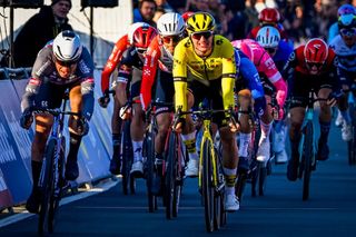 Belgian Jasper Philipsen of Alpecin-Deceuninck and Dutch Olav Kooij of Team Visma-Lease a Bike sprint to the finish of the Kuurne-Brussels-Kuurne one day cycling race, 196,9 km from Kuurne to Kuurne via Brussels, Sunday 02 March 2025. BELGA PHOTO ERIC LALMAND (Photo by ERIC LALMAND / BELGA MAG / Belga via AFP)