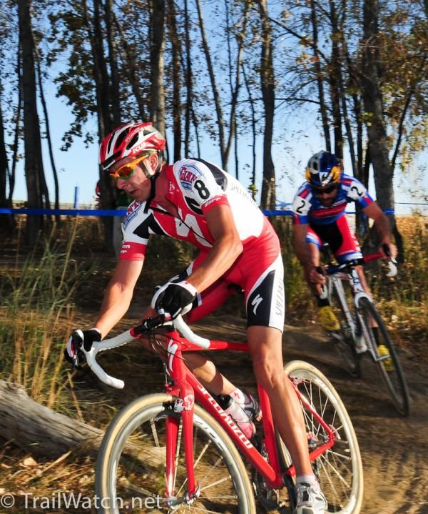 Todd Wells (Specialized) leading Tim Johnson through one of the few sections of trees
