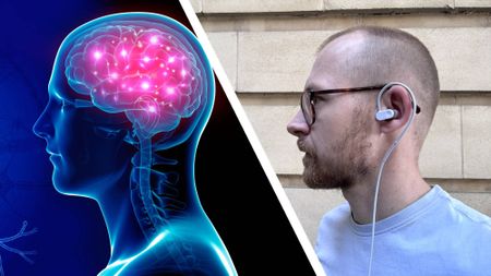 Stock image of brain activity juxtaposed with caucasian man wearing Nurosym 