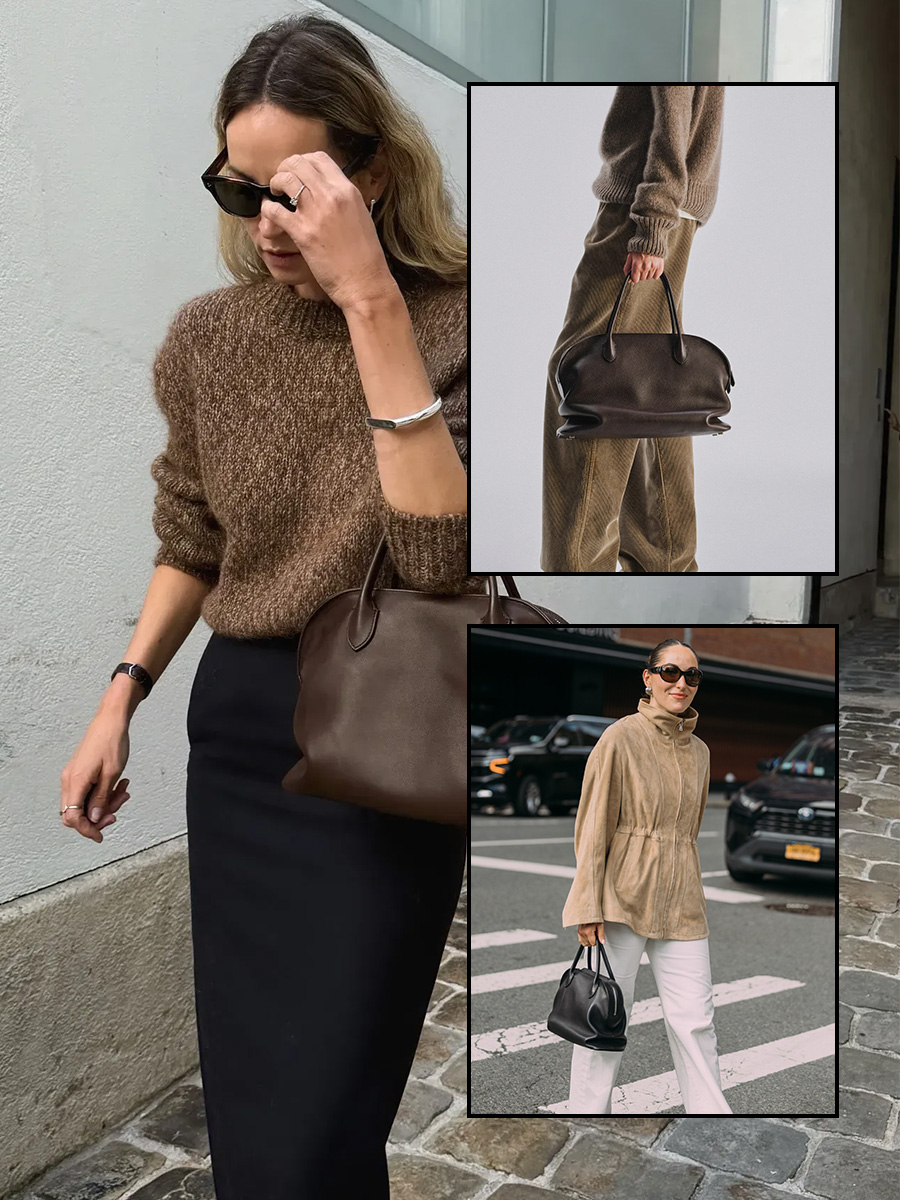 Woman wearing The Row Agnes Bag for a review.