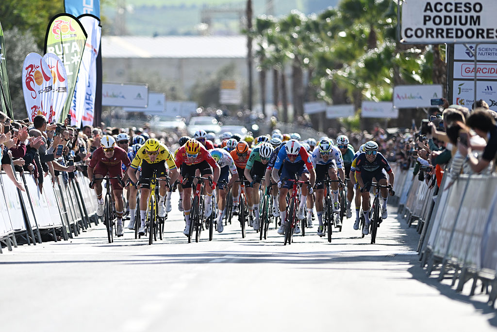 PIZARRA, SPAIN - FEBRUARY 18: Christophe Laporte of France and Team Visma | Lease a Bike, Soren Waerenskjold of Norway and Team Uno-X Mobility and Bastien Tronchon of France and Team Groupama - FDJ United sprint at finish line during the 72nd Vuelta a Andalucia Ruta Ciclista Del Sol 2026, Stage 1 a 150.1km stage from Benahavis to Pizarra on February 18, 2026 in Pizarra, Spain. (Photo by Szymon Gruchalski/Getty Images)