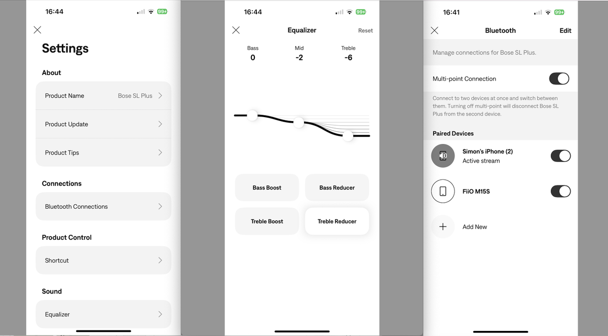 three screengrabs of Bose's Soundlink Plus control app, on gray background