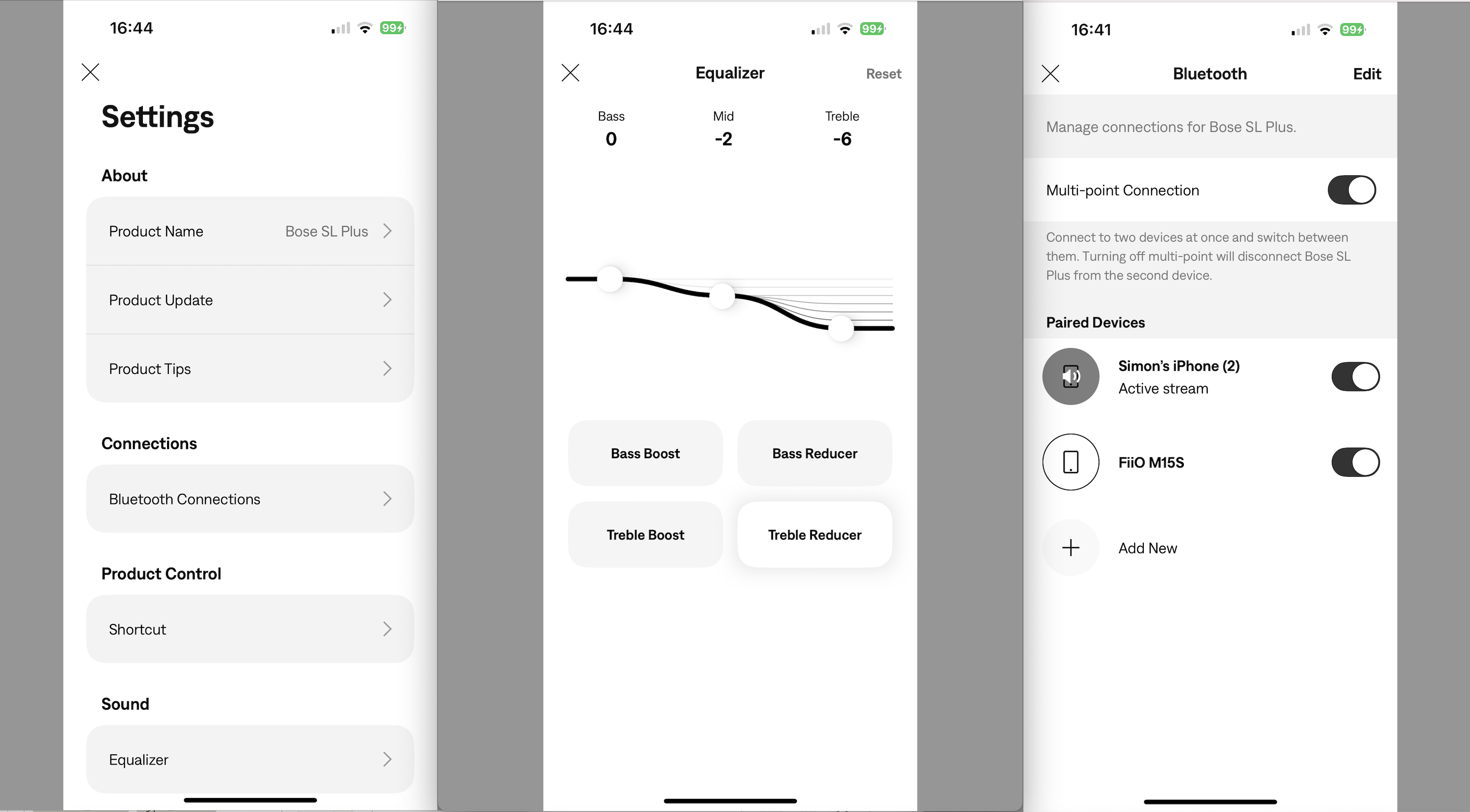 three screengrabs of Bose's Soundlink Plus control app, on gray background