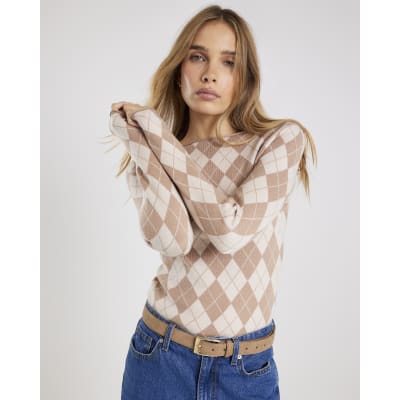 Beige Knitted Argyle Long Sleeve Top