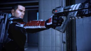 Commander Shepard pointing a pistol during the shooter, Mass Effect 2.