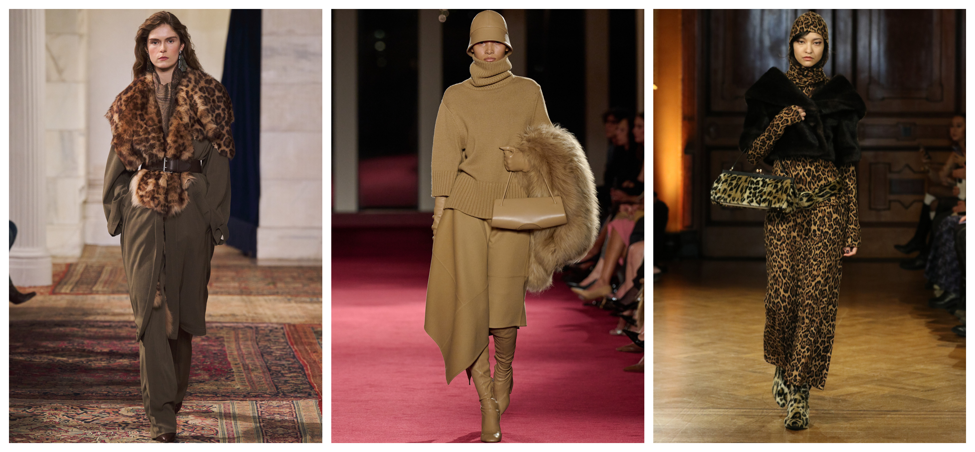 models at Ralph Lauren, Michael Kors, and Anna Sui wearing fur stoles and collars