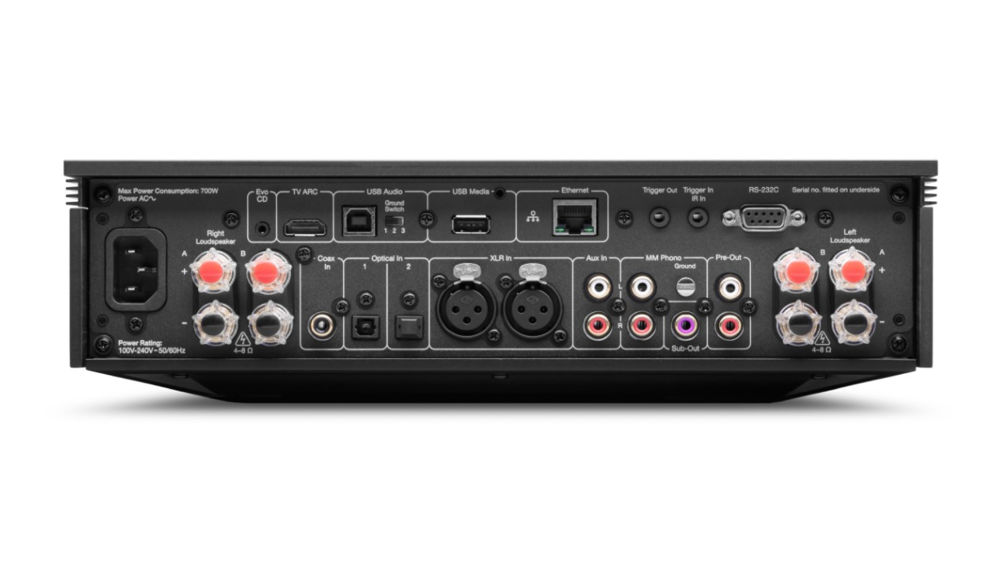 Rear view of the Cambridge Audio Evo 150 SE showing all its different connectors