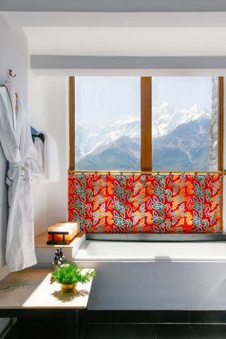 Shinta Mani Mustang bathroom with mountain view