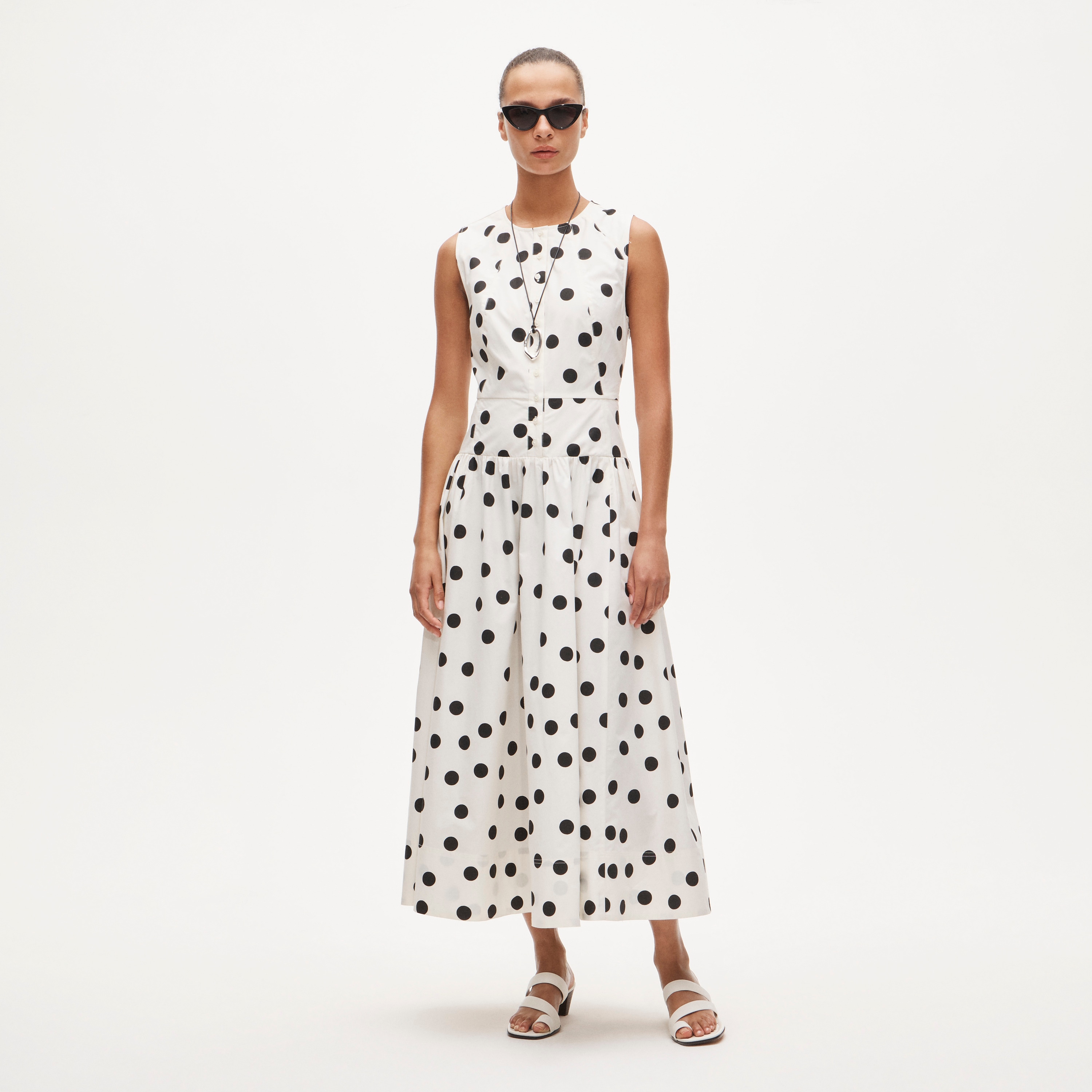 Button-Front Dress in Dot-Print Cotton Poplin