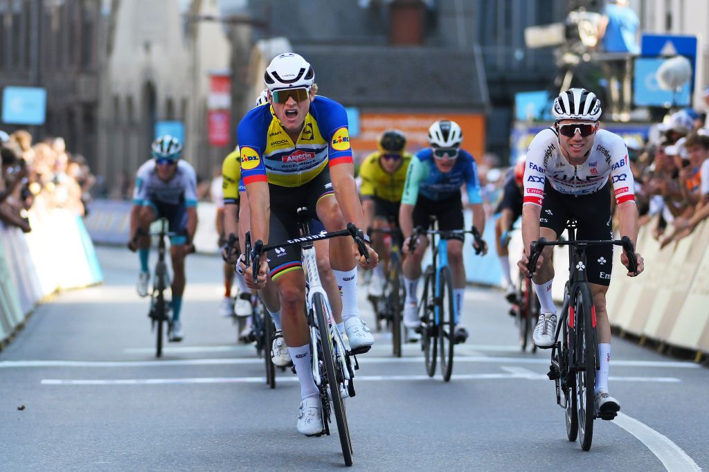 DIEKIRCH LUXEMBOURG SEPTEMBER 20 LR Mathieu Van Der Poel of The Netherlands and Team AlpecinDeceuninck Yellow leader jersey and Marc Hirschi of Switzerland and UAE Team Emirates cross the finish line during the 84th Tour de Luxembourg 2024 Stage 3 a 2013km stage from Rosport to Diekirch UCIWT on September 20 2024 in Diekirch Luxembourg Photo by Tim de WaeleGetty Images