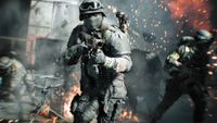 A picture of Battlefield 6 showing a soldier moving through smoke and explosions with their gun raised