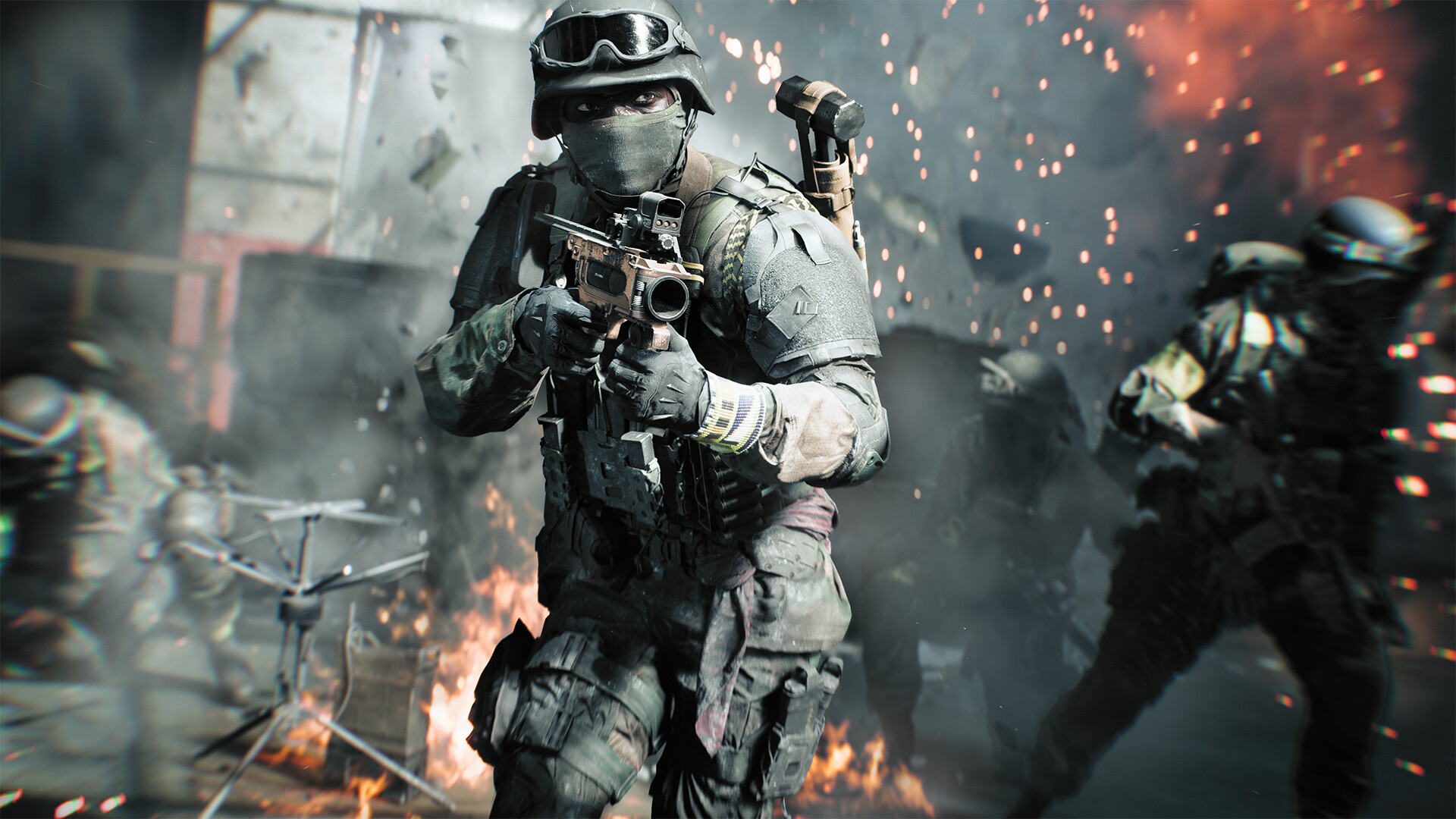 A picture of Battlefield 6 showing a soldier moving through smoke and explosions with their gun raised