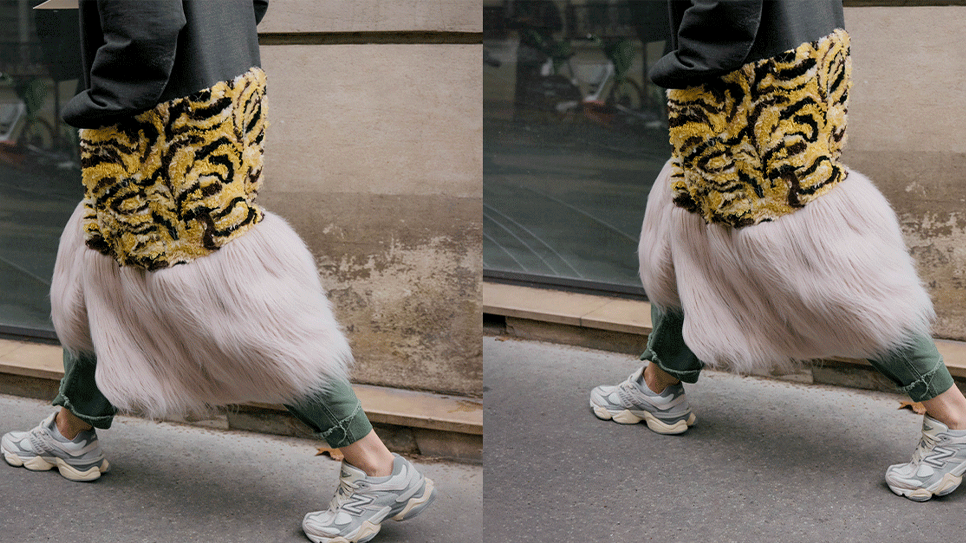Model wears sneakers and tiered textured skirt.