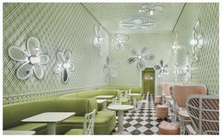 Laduree Beverly Hills green interior designed by India Mahdavi, an image from her monograph
