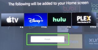 fire tv setup screen with summary of the apps you're downloading, asking you to click Finish