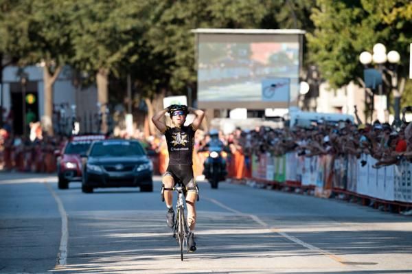 Ben King celebrates his victory at the US pro road championships.