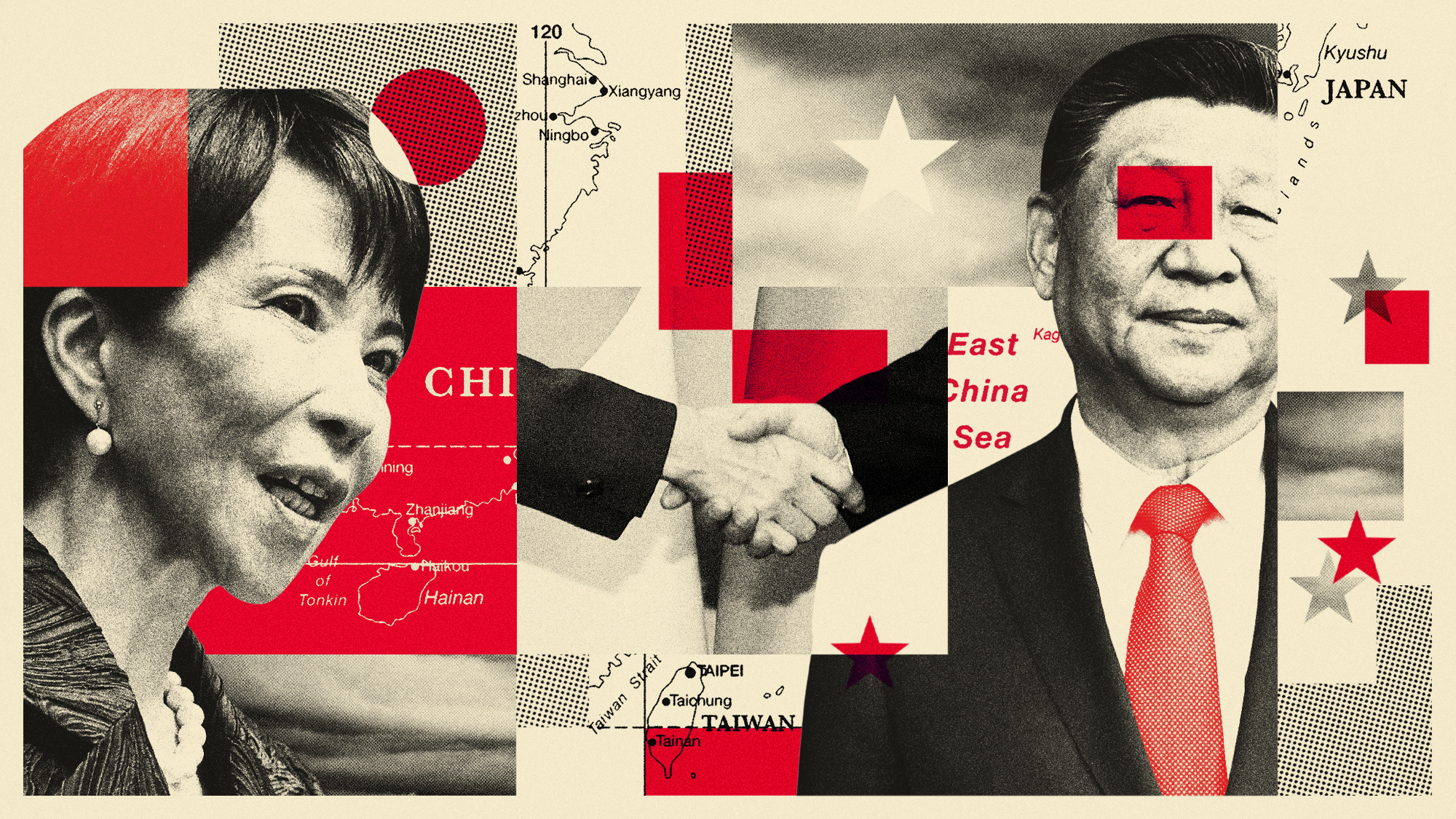 Photo illustration of Xi Jinping, Sanae Takaichi and a map of the East China Sea including Taiwan