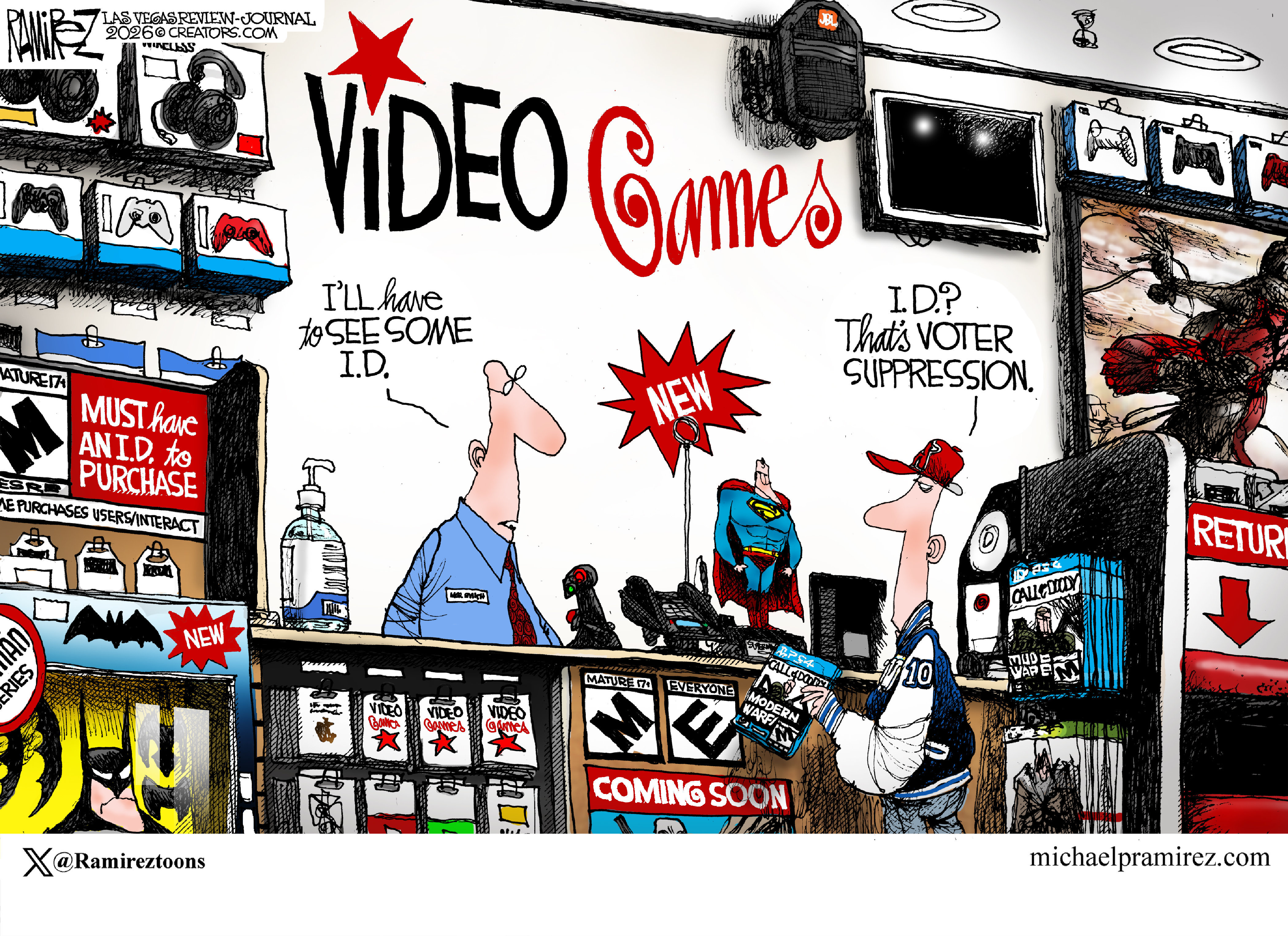 This cartoon is set at the counter of a video games store. The salesperson speaks to a young man buying a video game and says, &amp;ldquo;I&amp;rsquo;ll have to see some I.D.&amp;rdquo; The boy responds, &amp;ldquo;ID? That&amp;rsquo;s voter suppression.&amp;rdquo;
