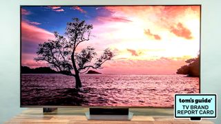 The Hisense UR9 RGB Mini-LED TV alongside a badge that reads: "Tom's Guide TV Brand Report Card"