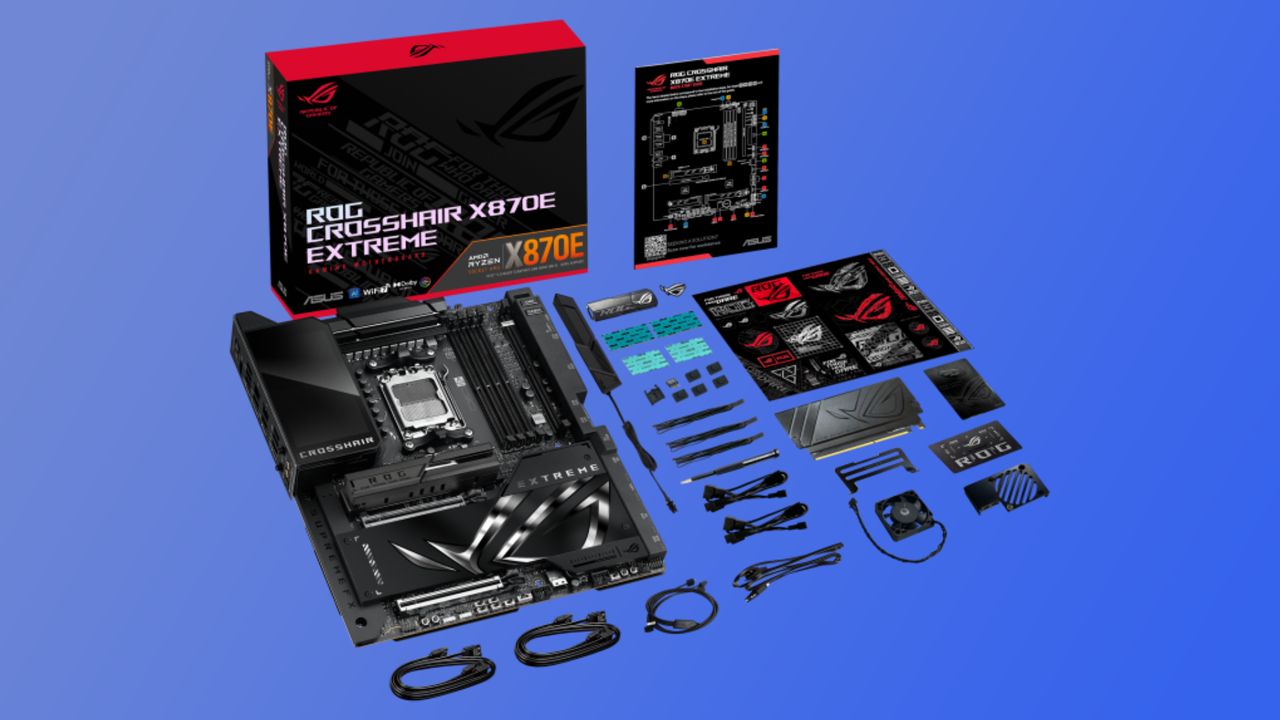 The Asus ROG Crosshair X870E Extreme motherboard from various angles on a blue gradient background