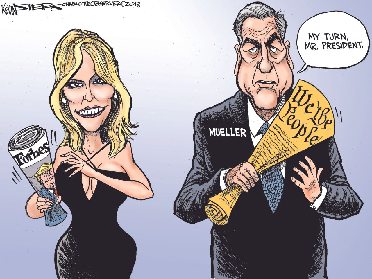 Political cartoon U.S. Trump Stormy Daniels affair allegations 60 Minutes interview Robert Mueller FBI Russia investigation