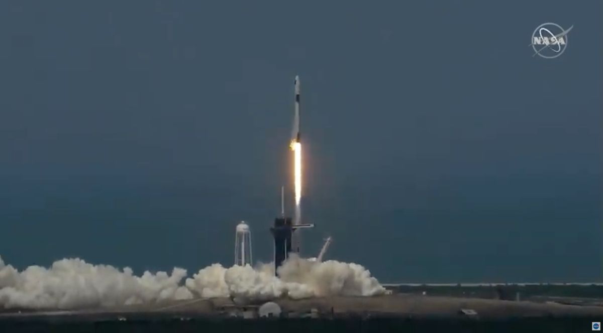 SpaceX&#039;s Crew Dragon craft atop a Falcon 9 rocket lifted off from Launch Pad 39A at Kennedy Space Center in Florida at 3:22 p.m. EDT, carrying two NASA astronauts to the International Space Station.